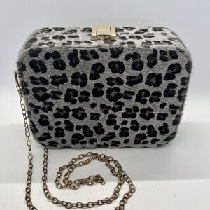 Gray Leopard Print Handbag Crossbody Purse Hard Gold Chain